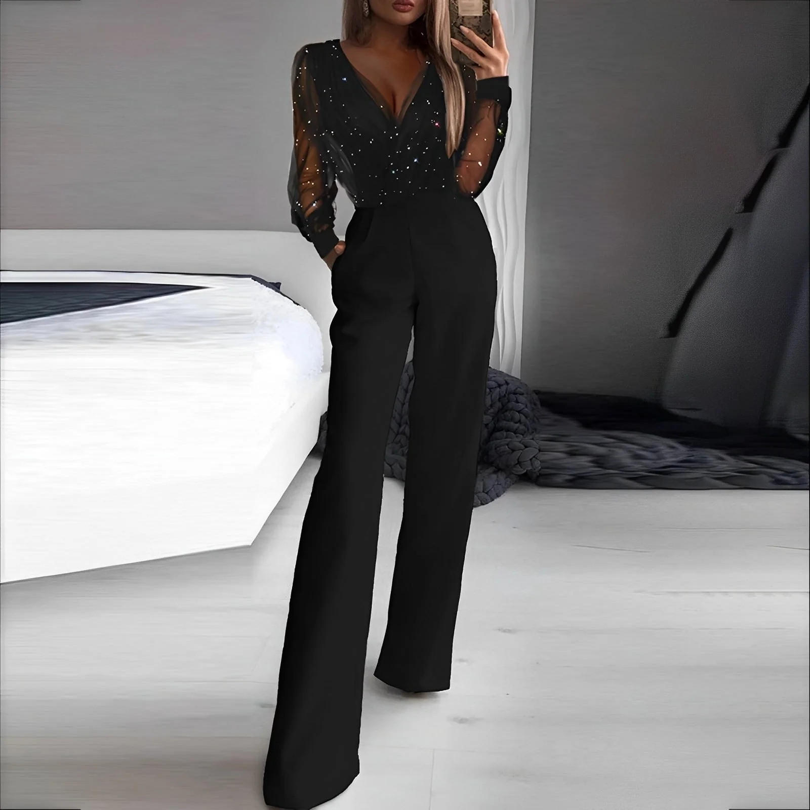 Combinatie met V-hals, Hoge Taille en Brede Benen voor Dames | Ideaal voor Dagelijks Gebruik en Evenementen