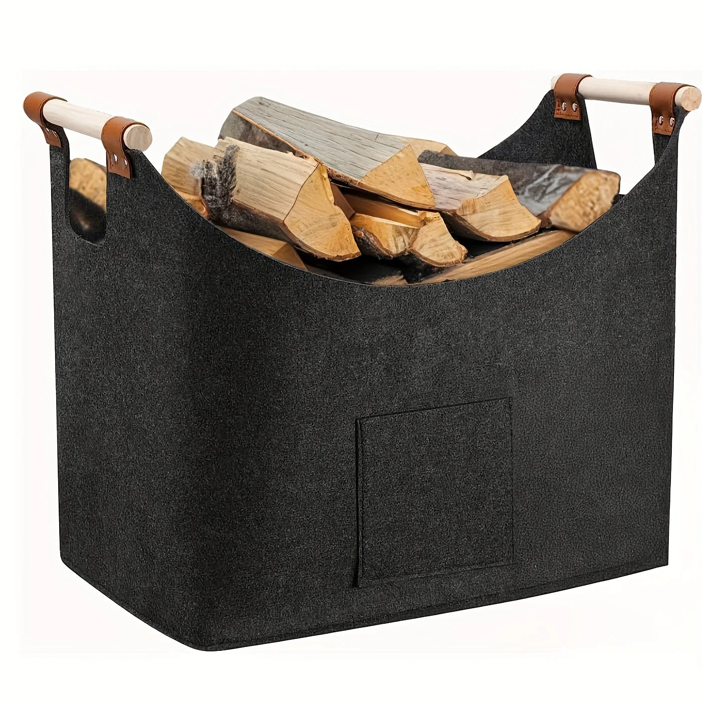Filz-Kaminholzkorb FELDURA | Vouwbaar | 55L Volume | Met houten handgrepen & leren details | Donkergrijs