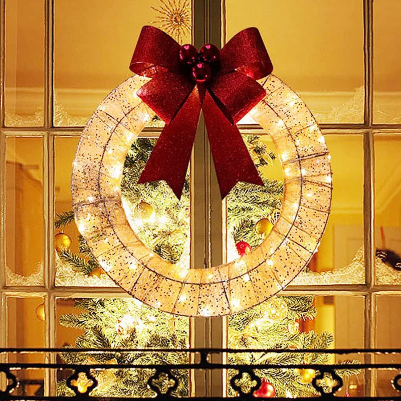 Verlichte Kerstkrans Luxe Goud-Groen 50cm – Handgemaakte Deurkrans met LED