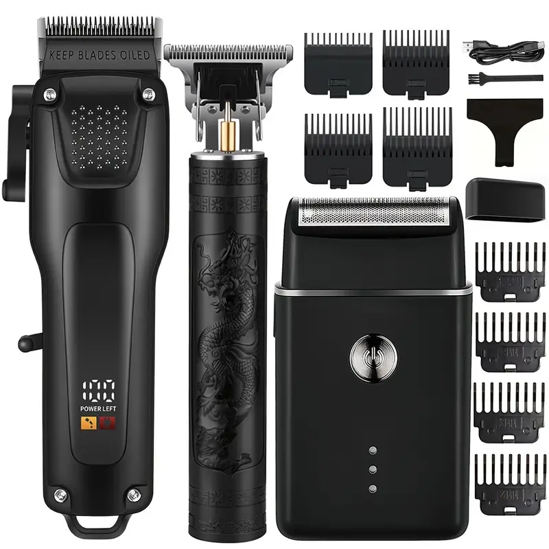 GroomMaster – 3-delige Professionele Haar- en Baardverzorgingsset voor Heren, Draadloze Trimmers met LED-display, USB-oplaadbaar