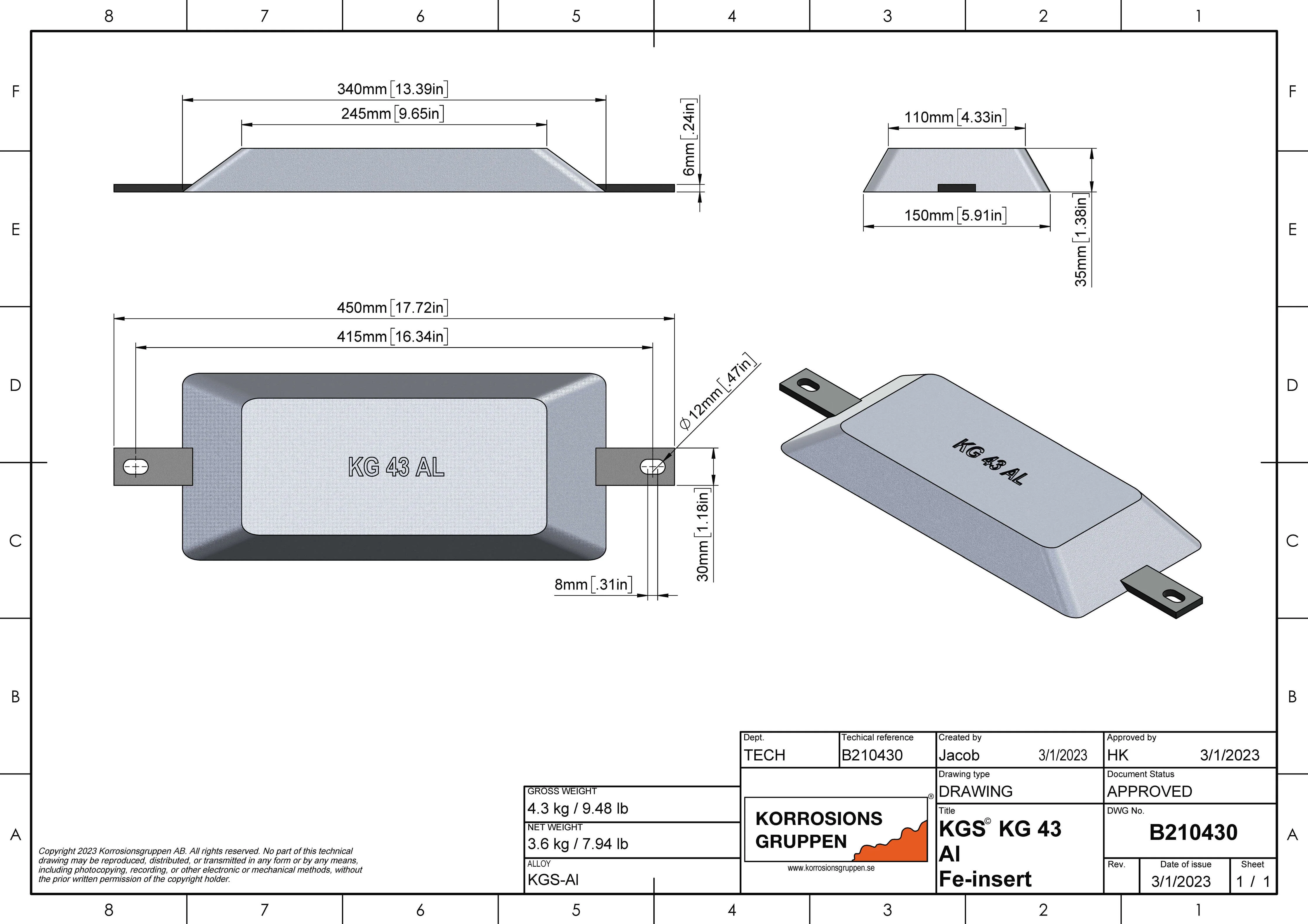 Aluminiumanode TYPE 43 – 330*150*35