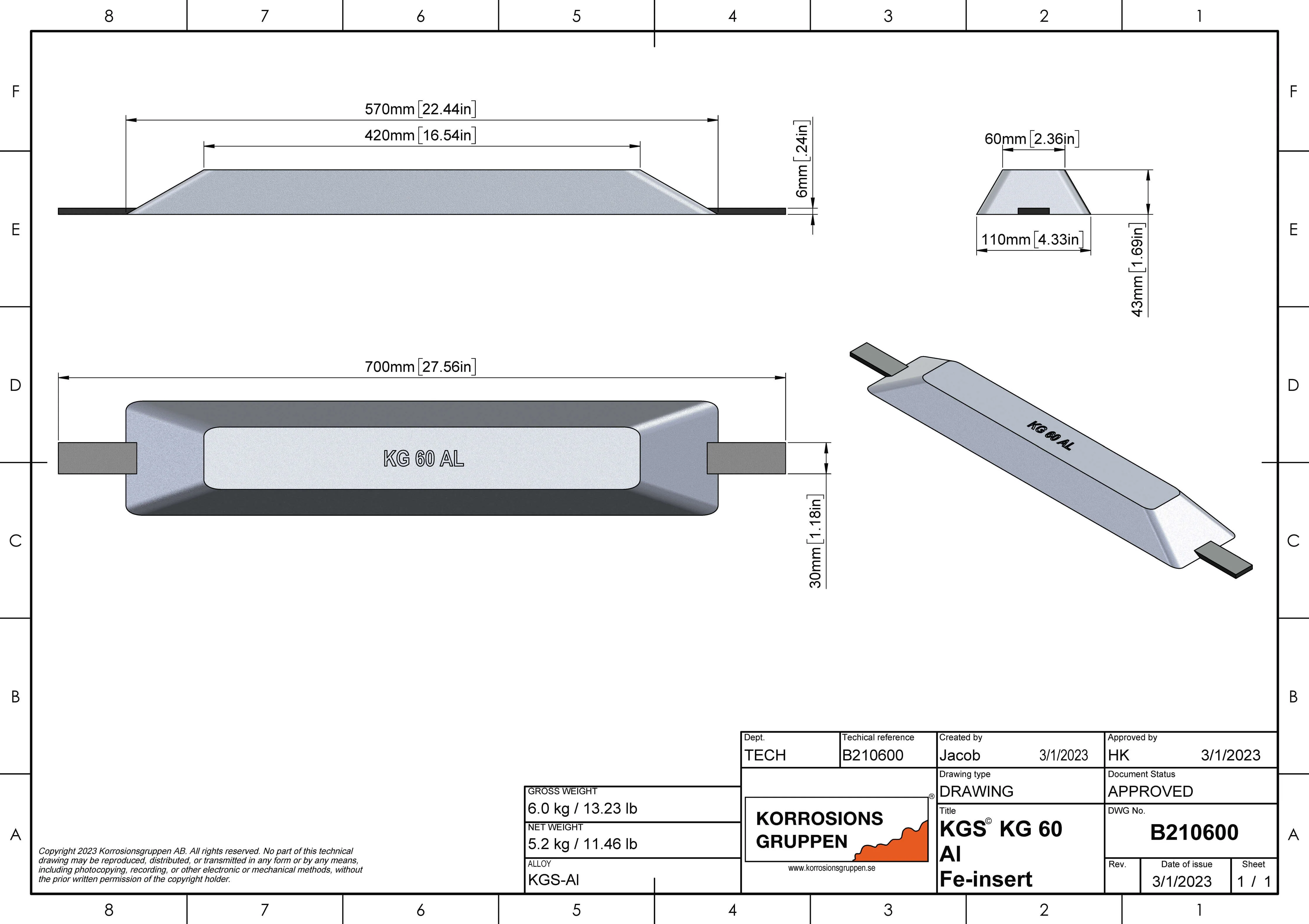 Aluminiumanode TYPE 60 – 570*110*43