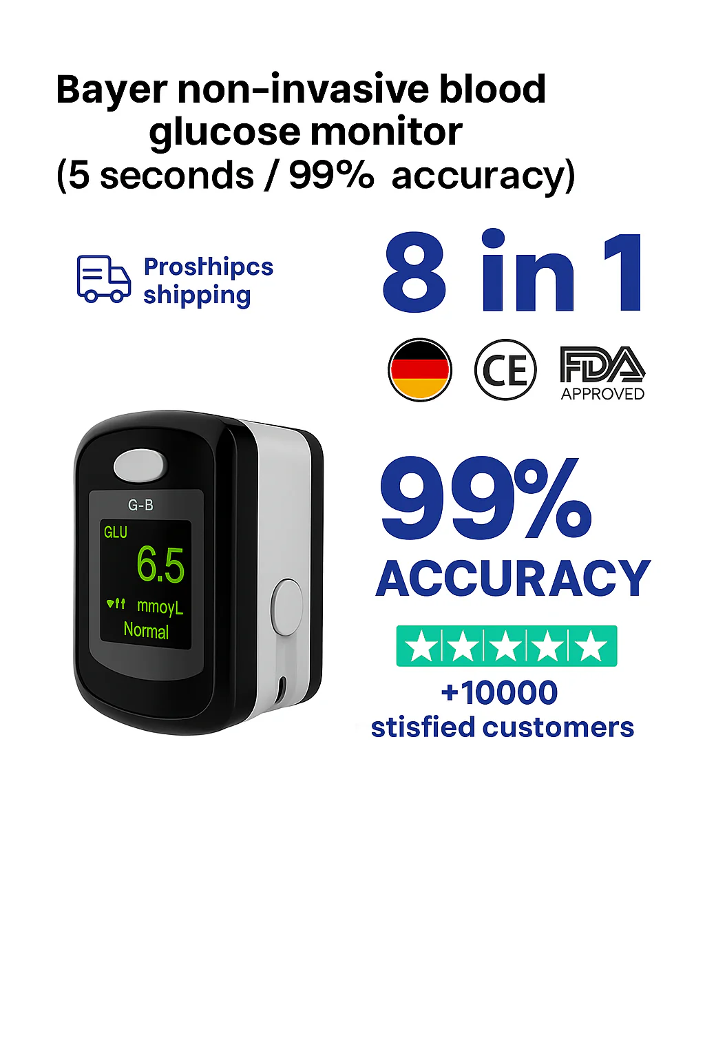 GlucoseGuard Monitor | Vingerpulsoximeter in 5 seconden met 99% nauwkeurigheid