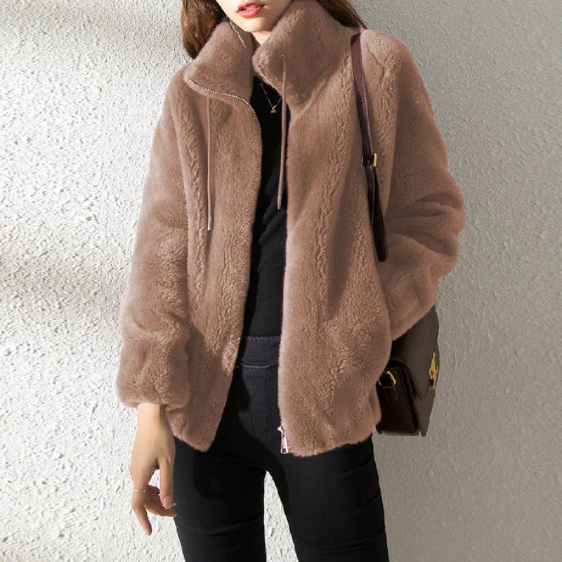 CozyCharm Dames Teddyjack – Warme Fleecejack met Ritssluiting en Koord