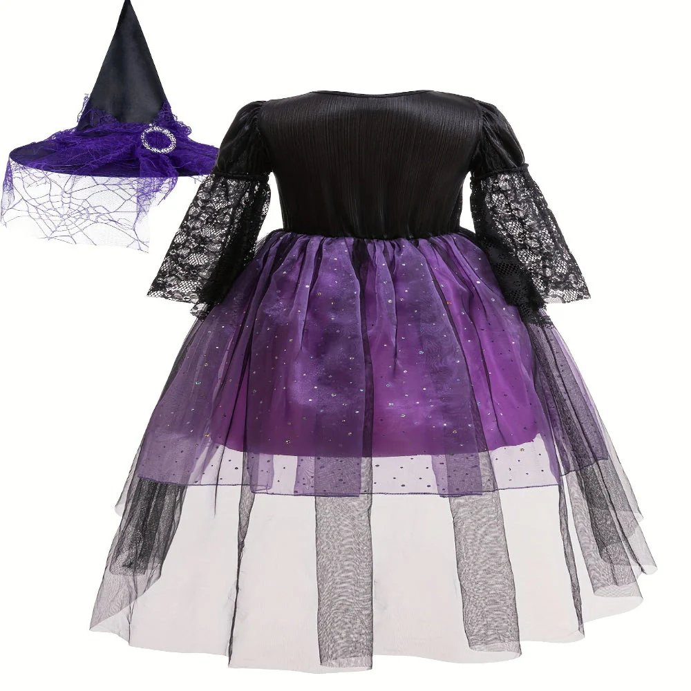 Halloween Heks Kostuum Kinderen Kanten Polyester Feestjurk Hoed Set - Afbeelding 3