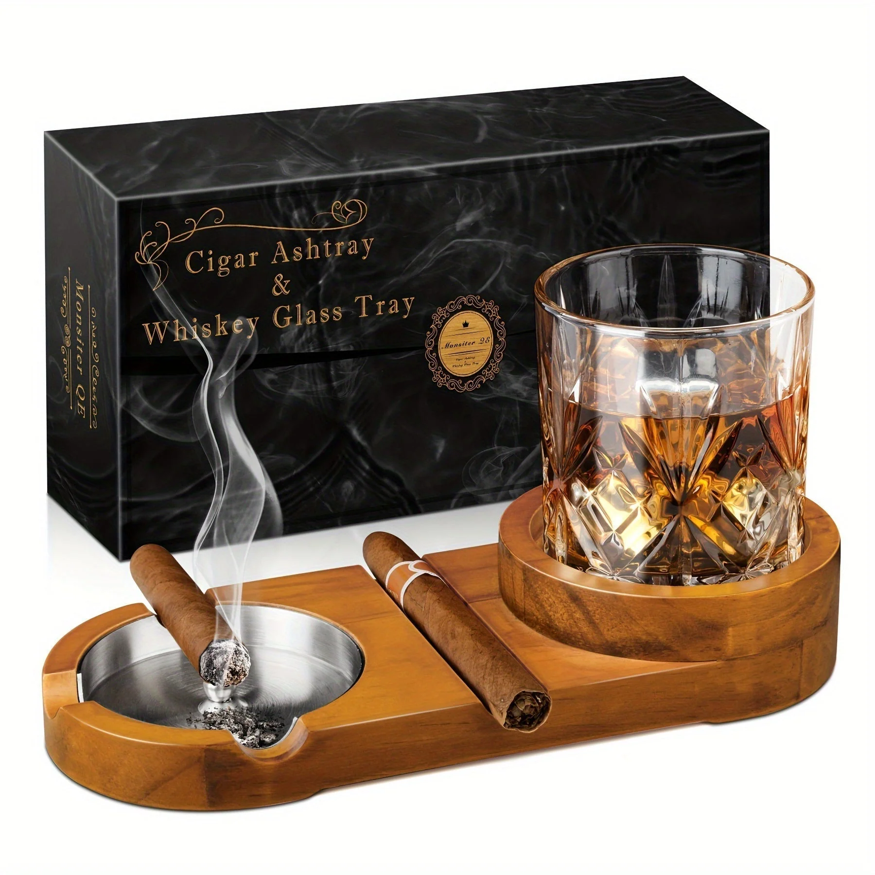 CigarOak Aschenbecher met Whiskeyhouder – Luxe Houten Schaal voor Sigarenliefhebbers - Afbeelding 2