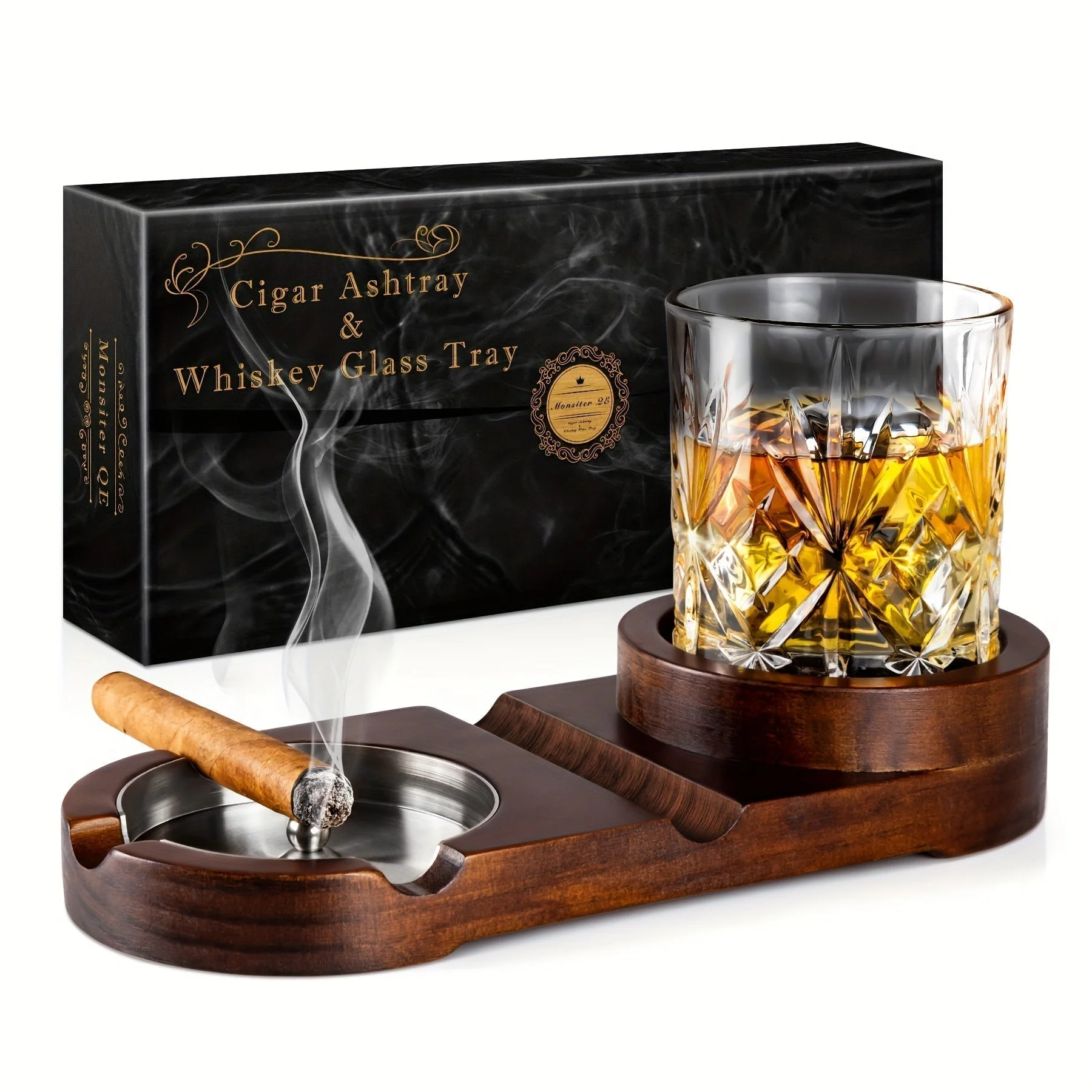 CigarOak Aschenbecher met Whiskeyhouder – Luxe Houten Schaal voor Sigarenliefhebbers - Afbeelding 3