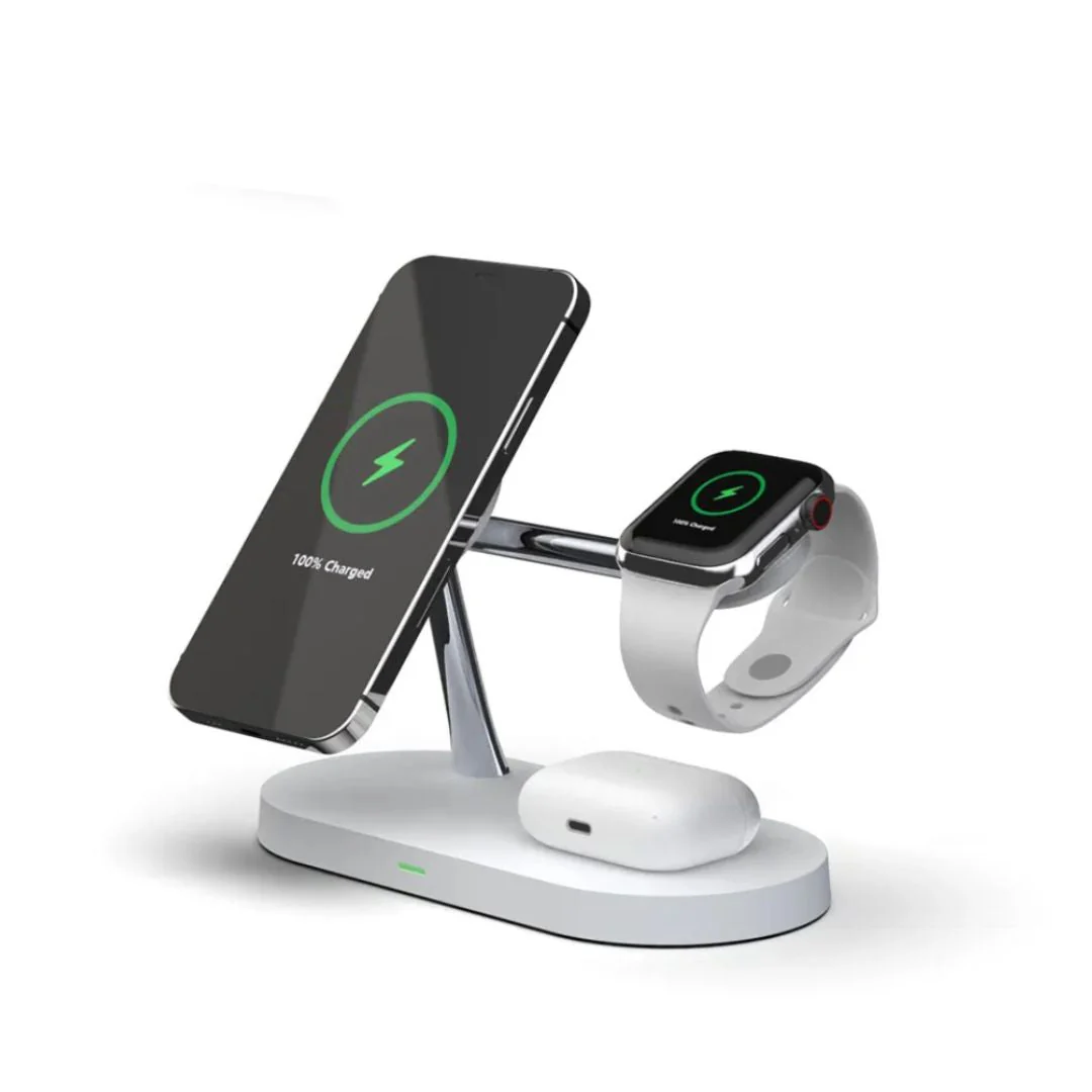 3-in-1 Draadloze Oplader voor Smartphone, Smartwatch en Oordopjes – Snelle Oplaadstation met Modern Ontwerp