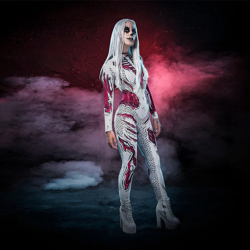 Bloedige Lange Mouwen Halloween Kostuum Jumpsuit | Skelettenprint