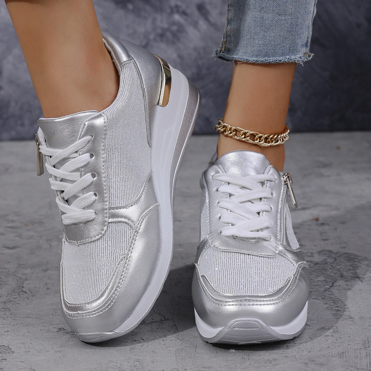 Metallische Sneakers met Verhoogde Zool – Zilver, Goud – Comfort & Stijl