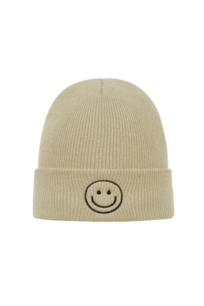 Beanie met smiley | Beige | Fuchsia | Lila