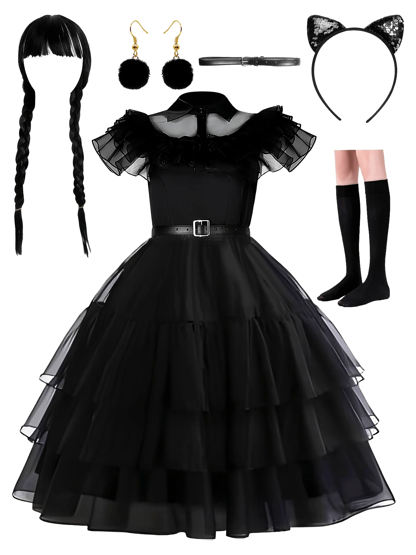 Dames Gothic Gelaagde Halloween Kostuum Jurk Set | Rimpel Midi