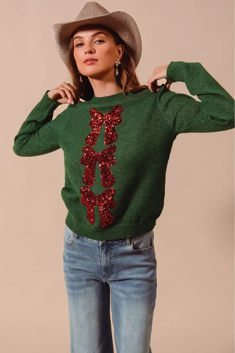 Groene Kersttrui met Pailletten en Strik