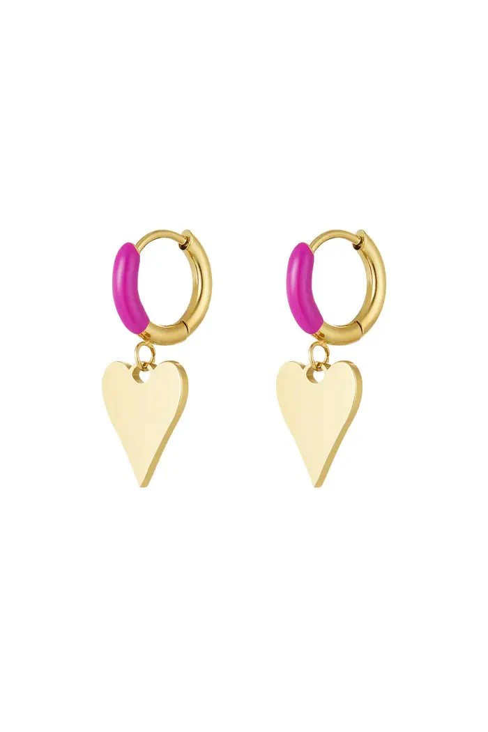 Gekleurde kleine oorbel met hart| Goudkleurig-Fuchsia | Stainless Steel