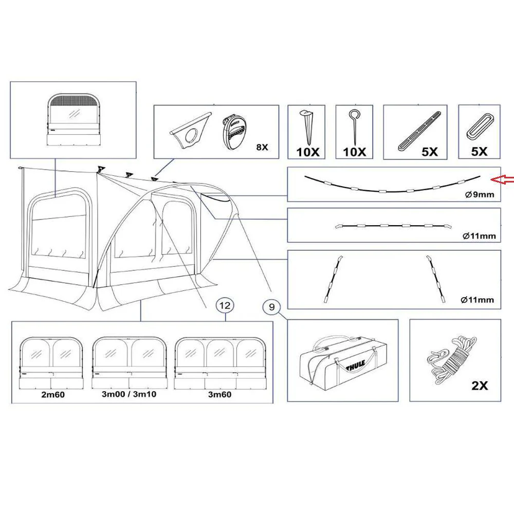 Thule QuickFit/EasyLink Tent Poles 9mm Roof Arch 3.60 M/L/XL 460cm