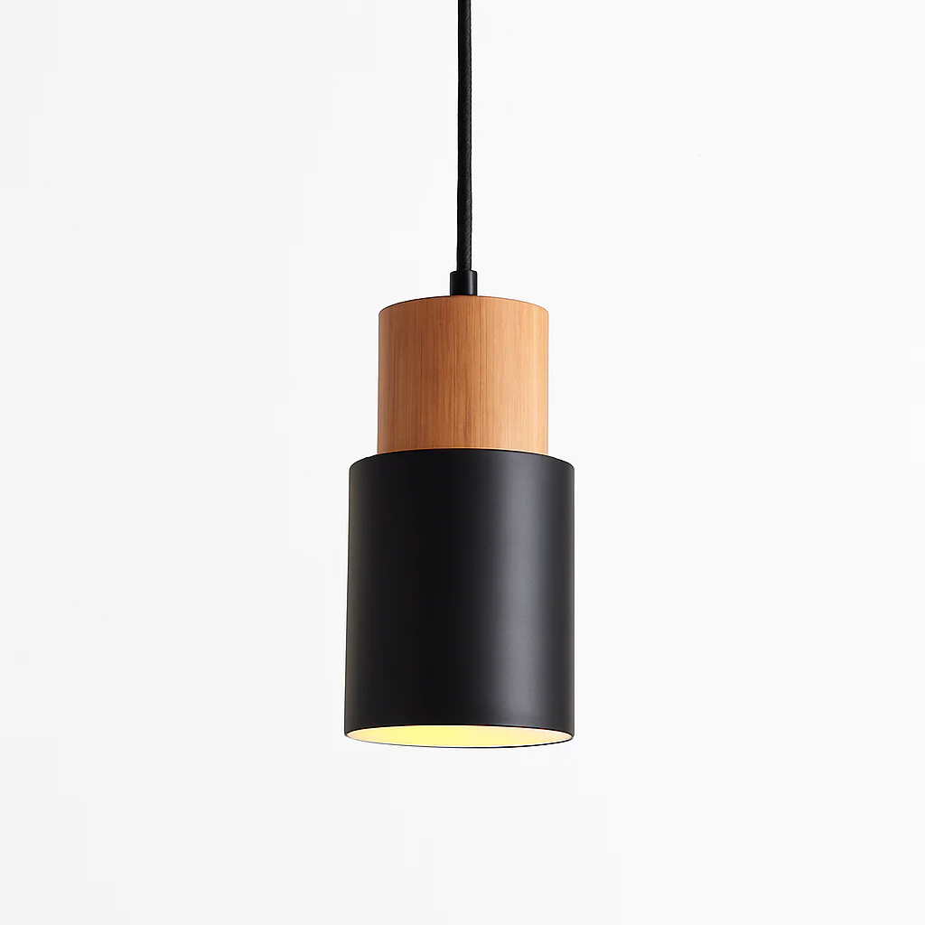 Cilindrische Hanglamp van Hout en Metaal in de Kleur Hout