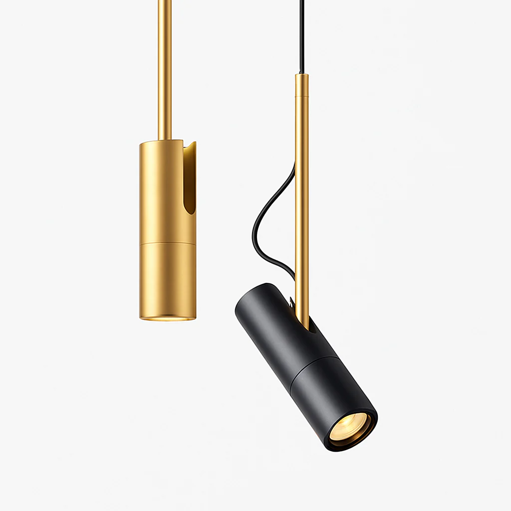Design-hanglamp met draaibare spot en gouden staaf