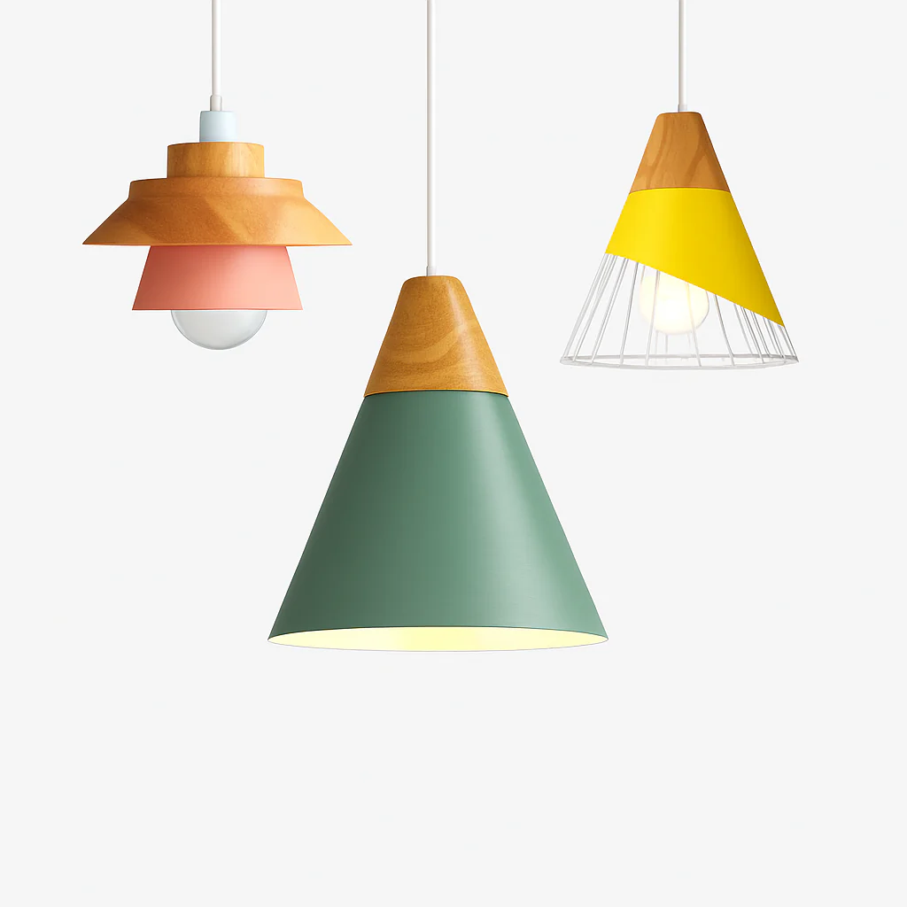 Kleurige metalen en houten hanglamp in verschillende Scandinavische vormen